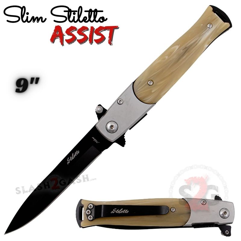 Slim Stiletto Spring Assisted Knife Italian Style Milano 9" - Asst. colors Black w Bone Knife-Assist - Tophatter Daily Deals