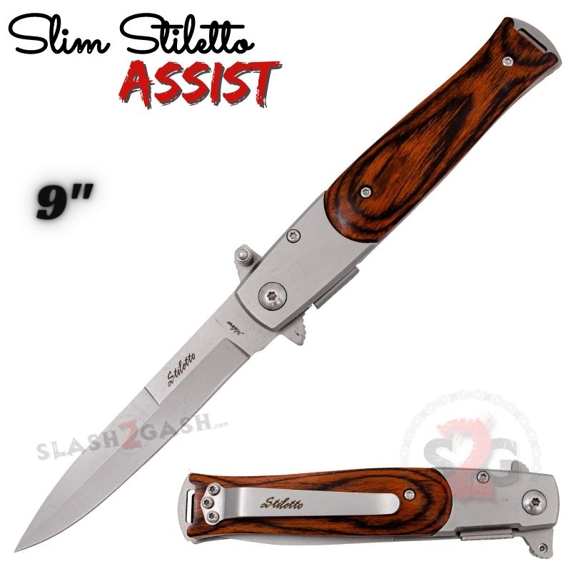 Slim Stiletto Spring Assisted Knife Italian Style Milano 9" - Asst. colors Silver w Rosewood Knife-Assist - Tophatter Daily Deals