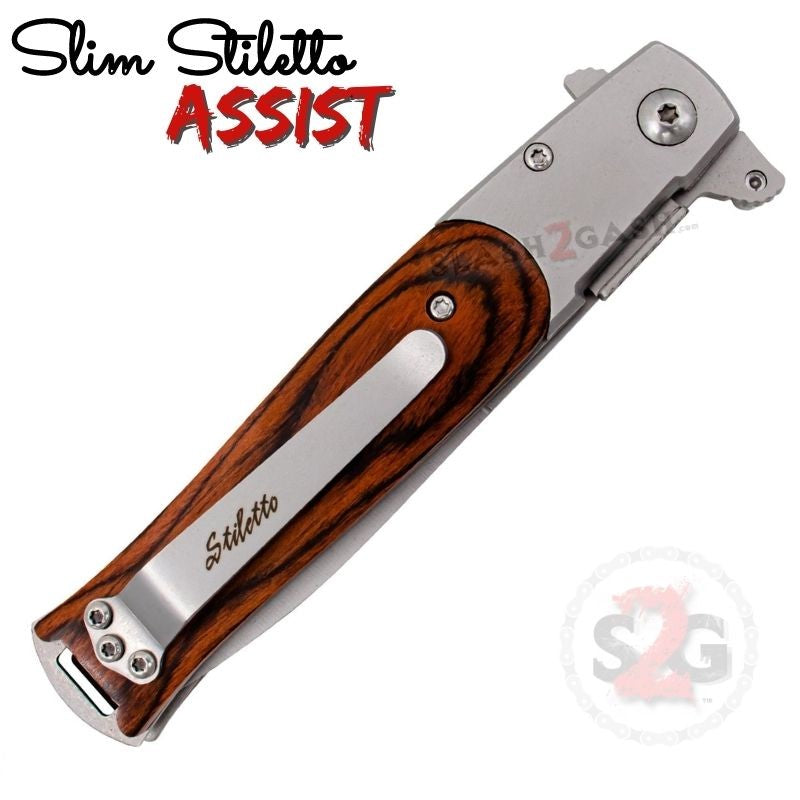 Slim Stiletto Assist Knife Italian Style Milano 9" - Silver w/ Rosewood Knife-Assist - Tophatter Daily Deals