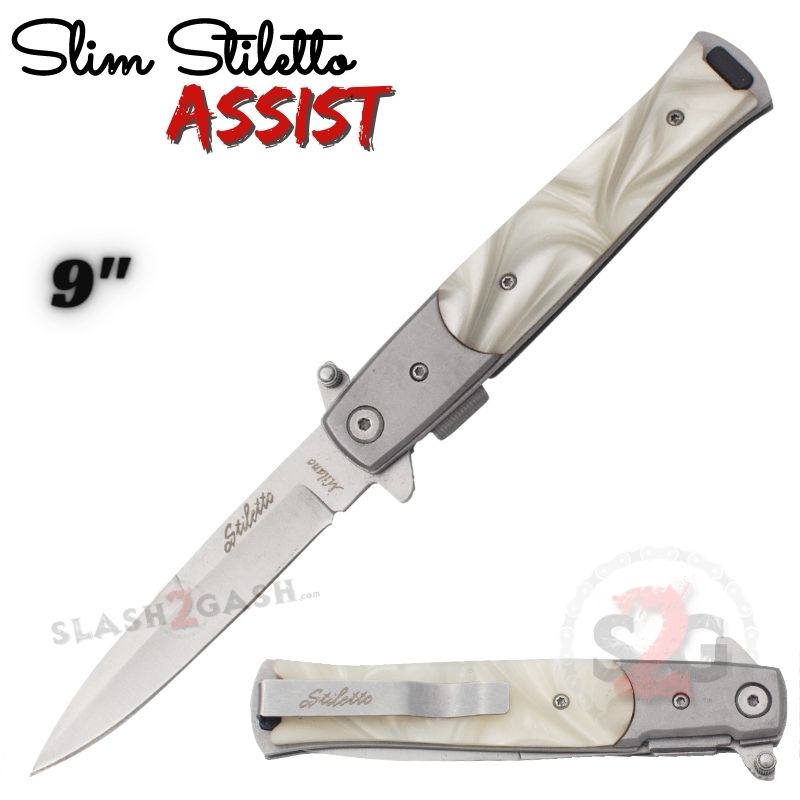 Slim Stiletto Assist Knife Italian Style Milano 9" - Silver w/ White Pearl Silver w White Pearl Knife-Assist - Tophatter Daily Deals
