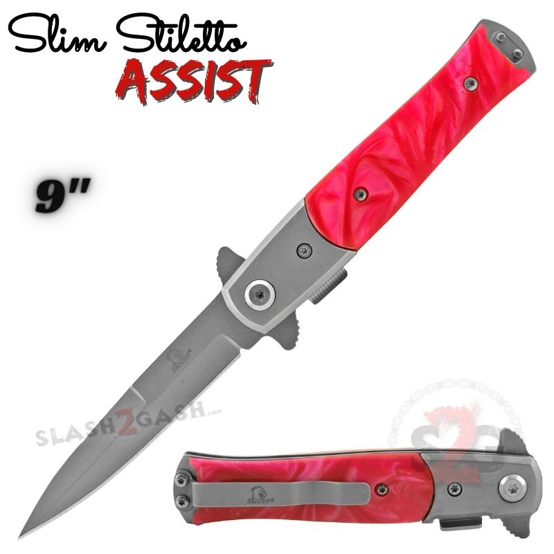 Slim Stiletto Assist Knife Italian Style Milano 9" - Silver w/ Pink Marmalade Silver w Pink Marmalade Knife-Assist - Tophatter Daily Deals