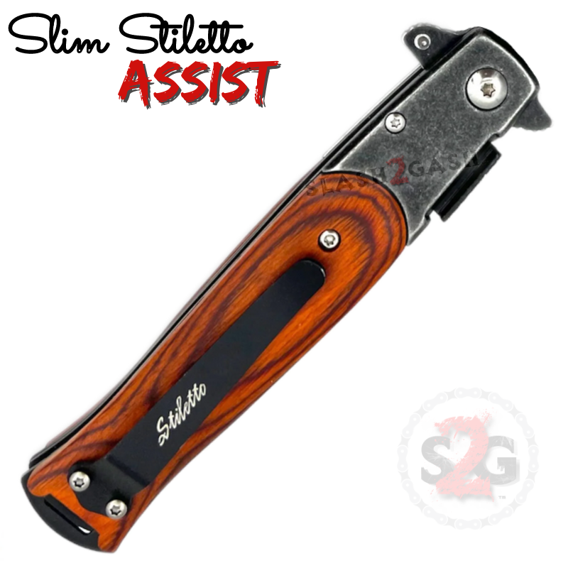 Slim Stiletto Assist Knife Italian Style Milano 9" - Stonewash w/ Rosewood Knife-Assist - Tophatter Daily Deals