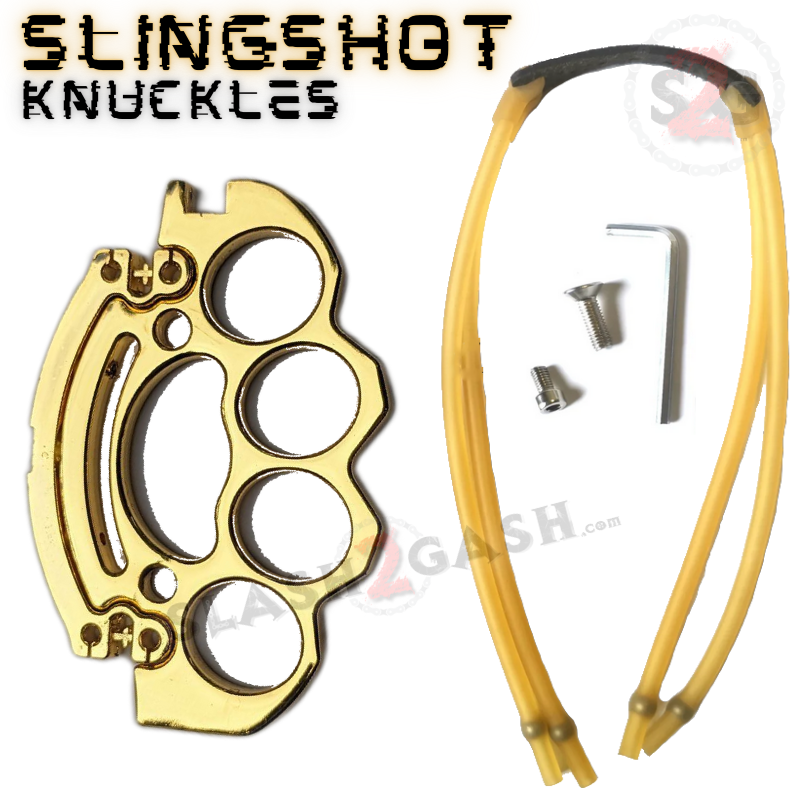 Brass Knuckles Slingshot Collapsible Metal Duster Paperweight - Gold Belt Buckle - Tophatter Daily Deals
