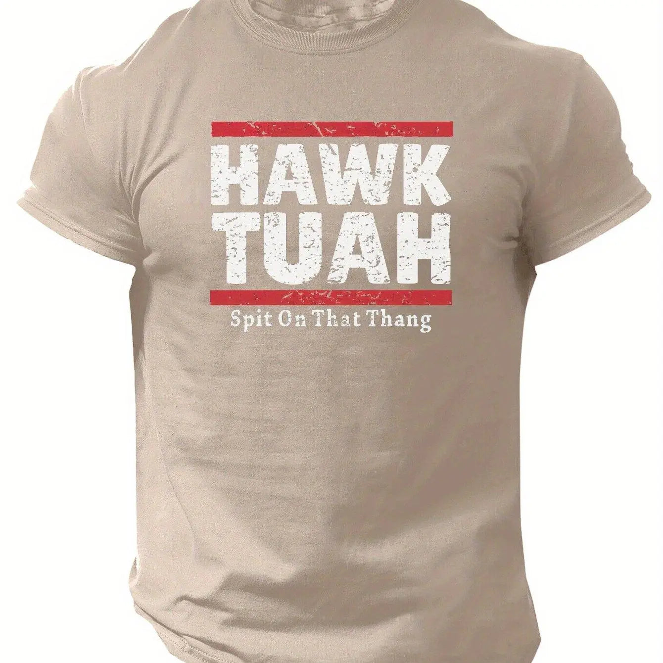 Slogans Hawk Tuah Print Men's Crew Neck Short Sleeve T-shirt, Summer Casual Versatile Top For Outdoor Fitness & Daily Khaki Color - Tophatter Daily Deals