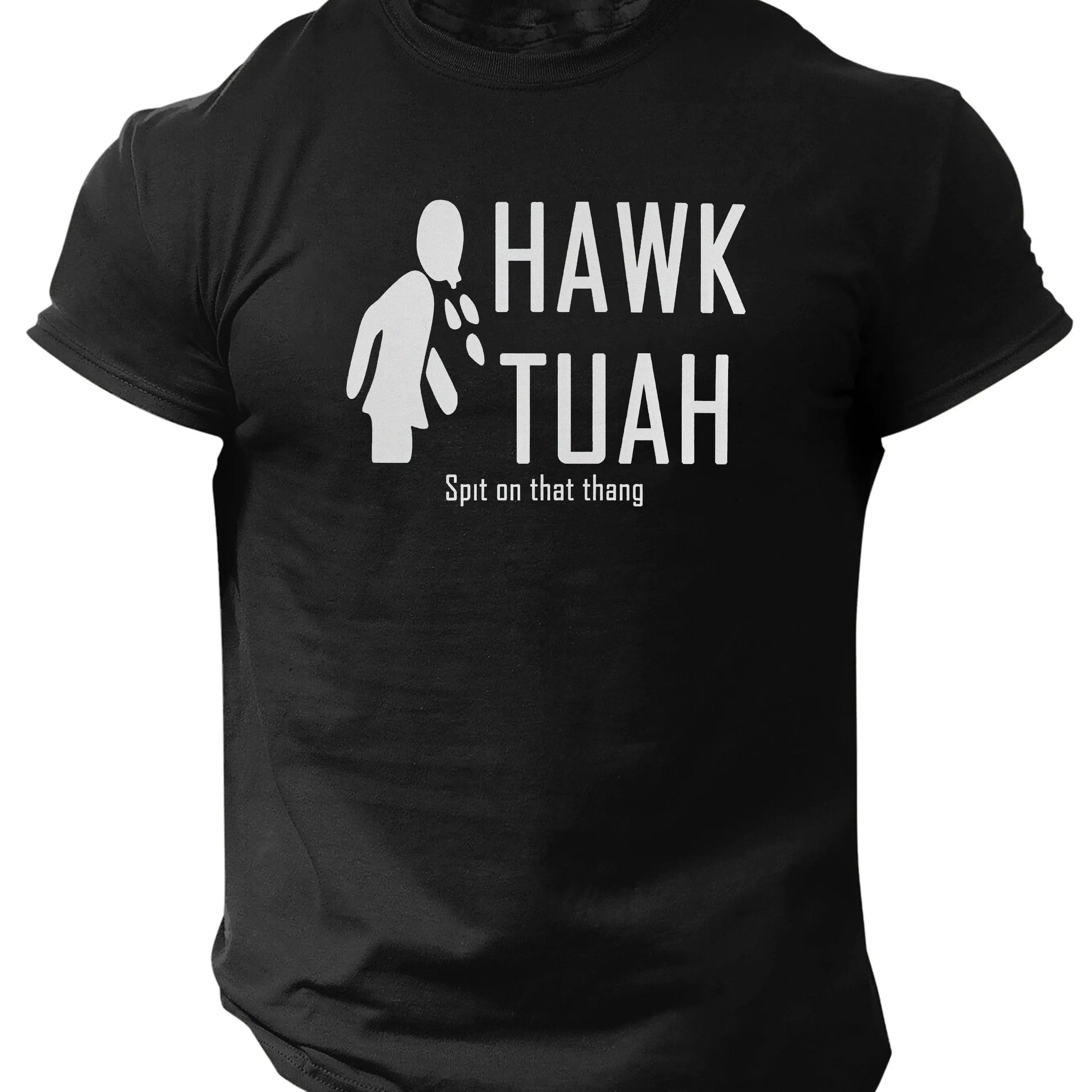 Slogans Hawk Tuah Print Men's Crew Neck Short Sleeve T-shirt, Summer Casual Versatile Top For Outdoor Fitness & Daily Ebony - Tophatter Daily Deals