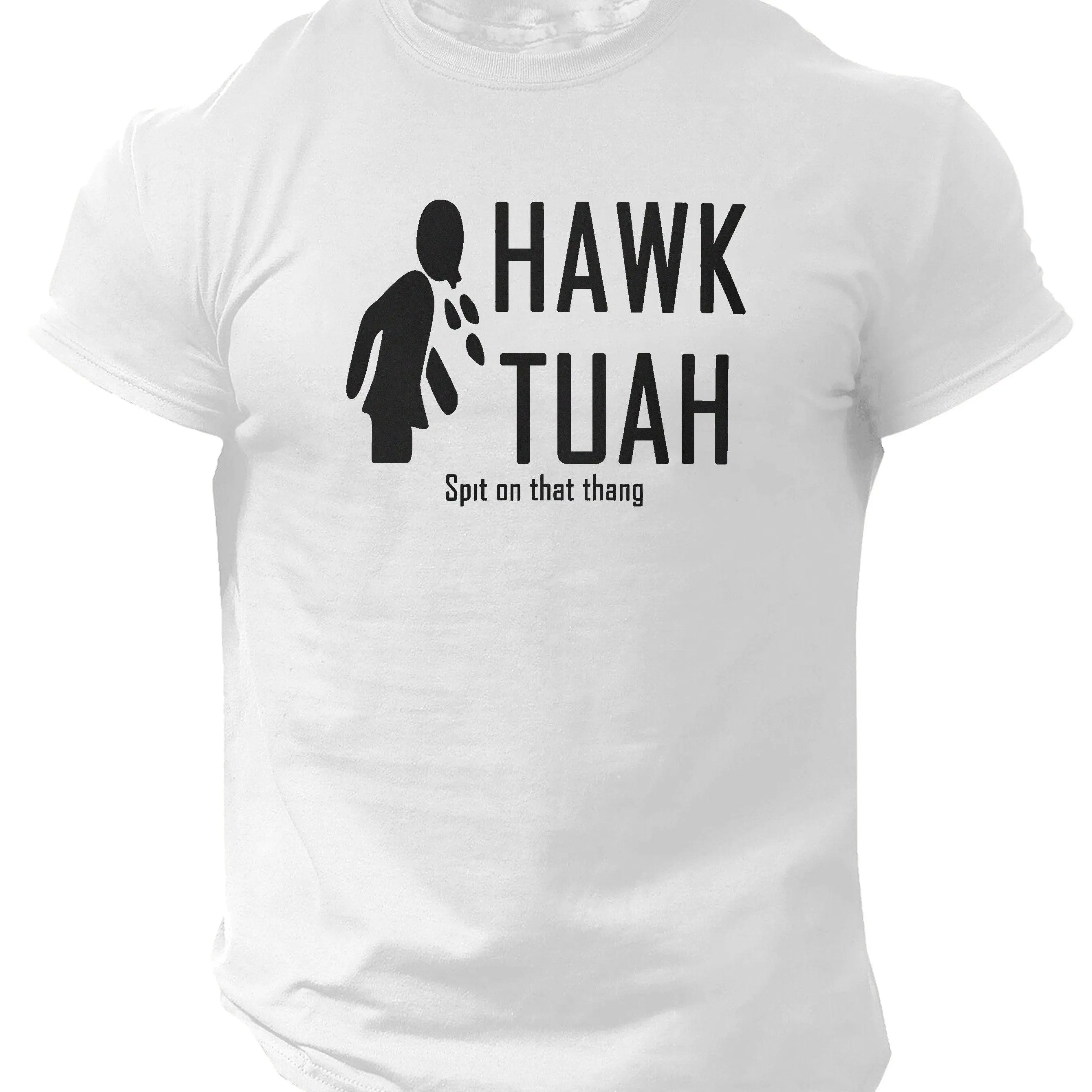Slogans Hawk Tuah Print Men's Crew Neck Short Sleeve T-shirt, Summer Casual Versatile Top For Outdoor Fitness & Daily - Tophatter Daily Deals