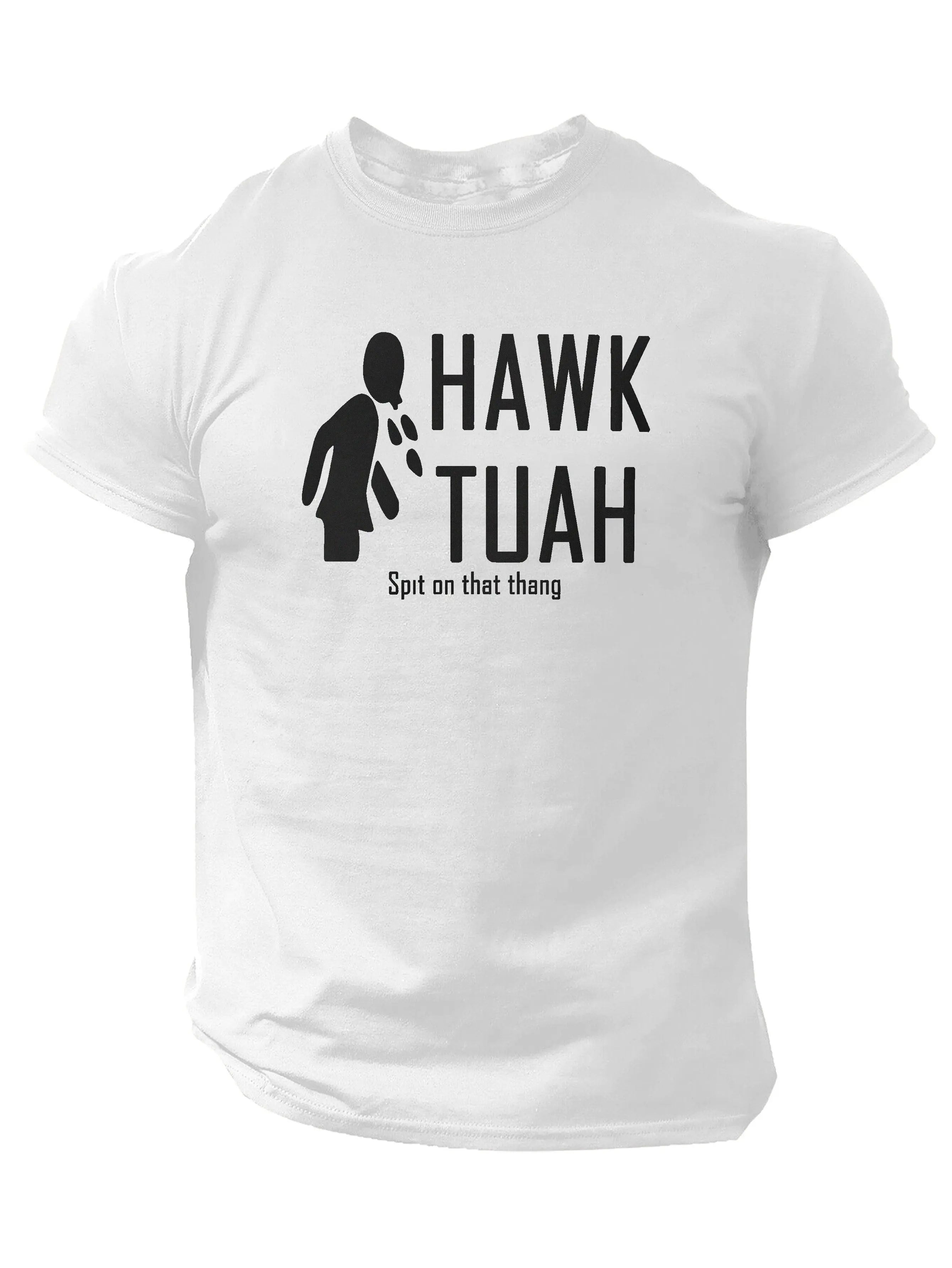 Slogans Hawk Tuah Print Men's Crew Neck Short Sleeve T-shirt, Summer Casual Versatile Top For Outdoor Fitness & Daily - Tophatter Daily Deals