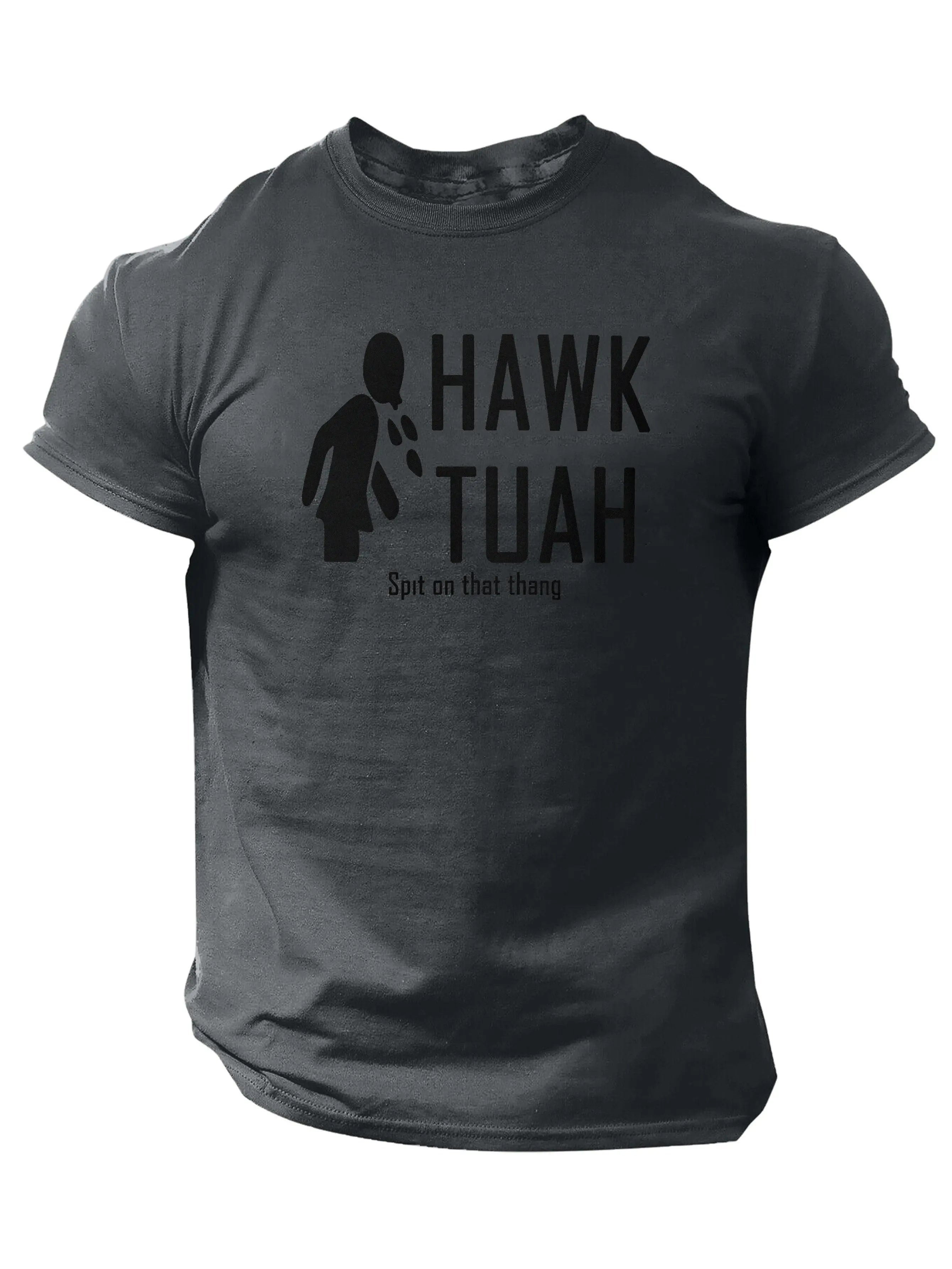 Slogans Hawk Tuah Print Men's Crew Neck Short Sleeve T-shirt, Summer Casual Versatile Top For Outdoor Fitness & Daily - Tophatter Daily Deals