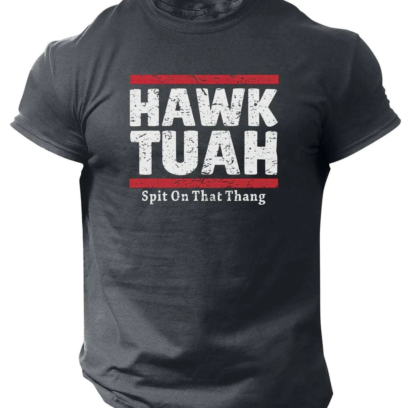 Slogans Hawk Tuah Print Men's Crew Neck Short Sleeve T-shirt, Summer Casual Versatile Top For Outdoor Fitness & Daily Dark Gray - Tophatter Daily Deals