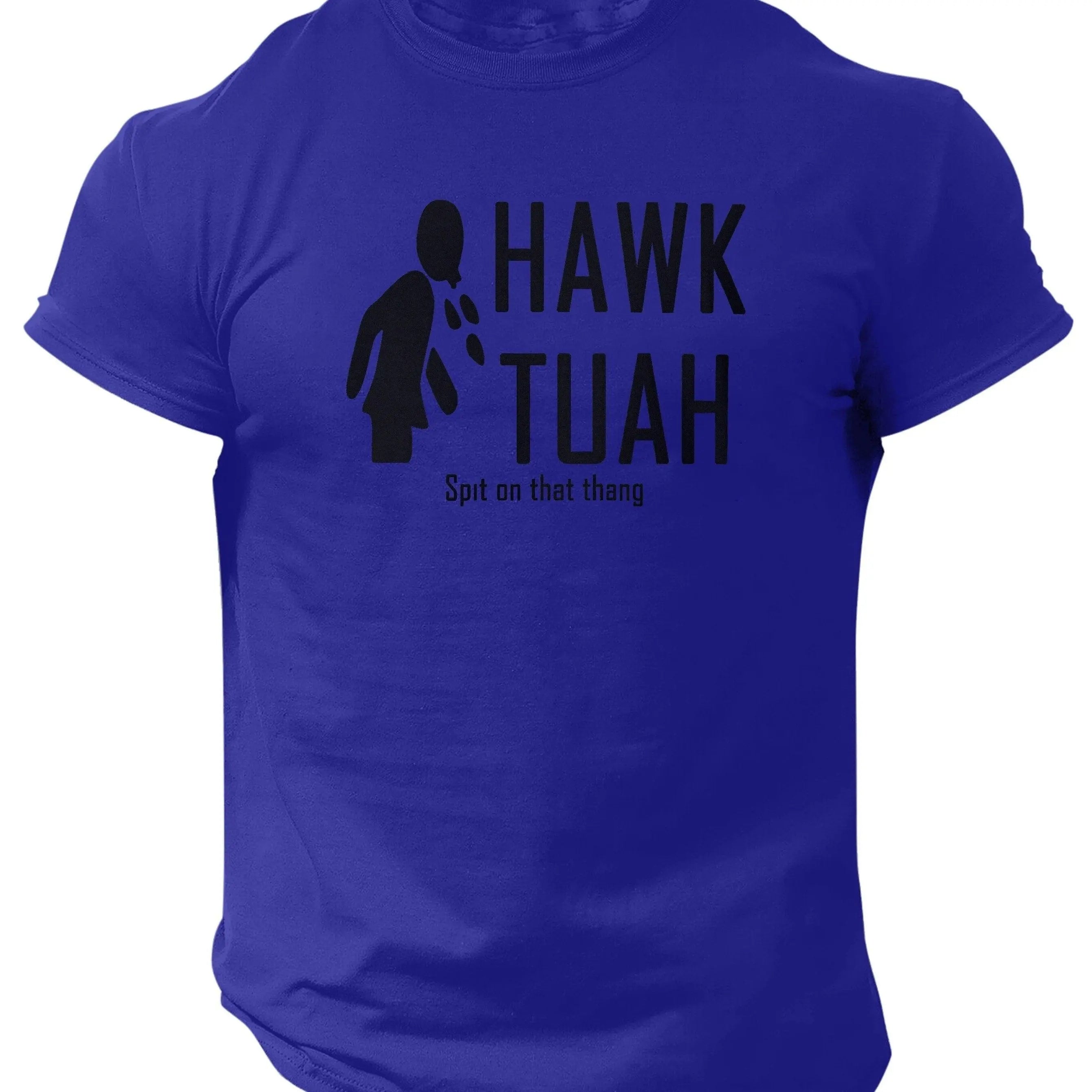 Slogans Hawk Tuah Print Men's Crew Neck Short Sleeve T-shirt, Summer Casual Versatile Top For Outdoor Fitness & Daily Royal Blue - Tophatter Daily Deals