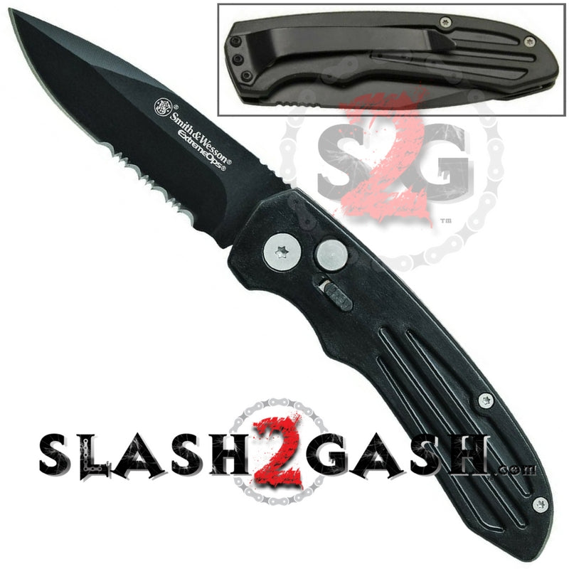 Smith & Wesson Extreme Ops Black Automatic Knife - Serrated SW50BS Knife-Auto - Tophatter Daily Deals