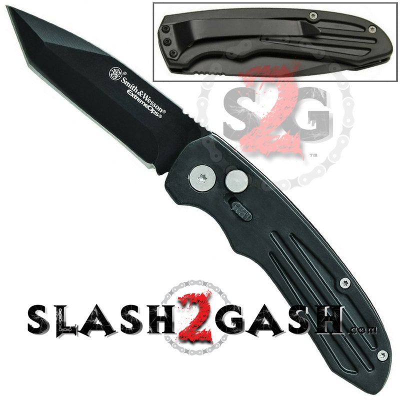 Smith & Wesson Extreme Ops Black Automatic Knife - Tanto Plain SW50BT Knife-Auto - Tophatter Daily Deals