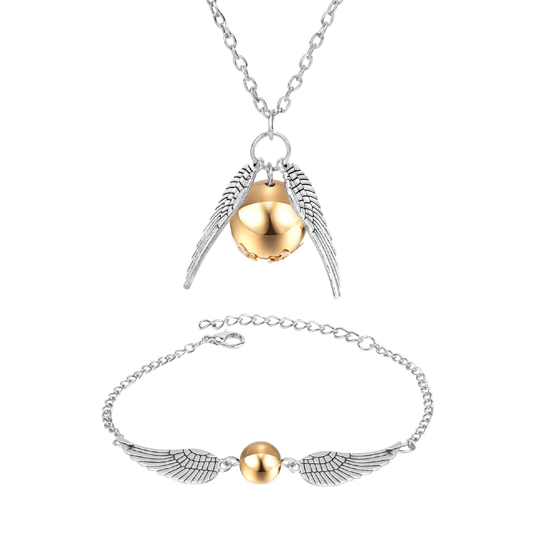 Deathly Hallows Necklace - Wizard Potter Golden Snitch Inspired Silver Necklace Bracelet Gifts Sets UK Snitch Bracelet & Necklace Set Festive & Franchise - Tophatter Daily Deals