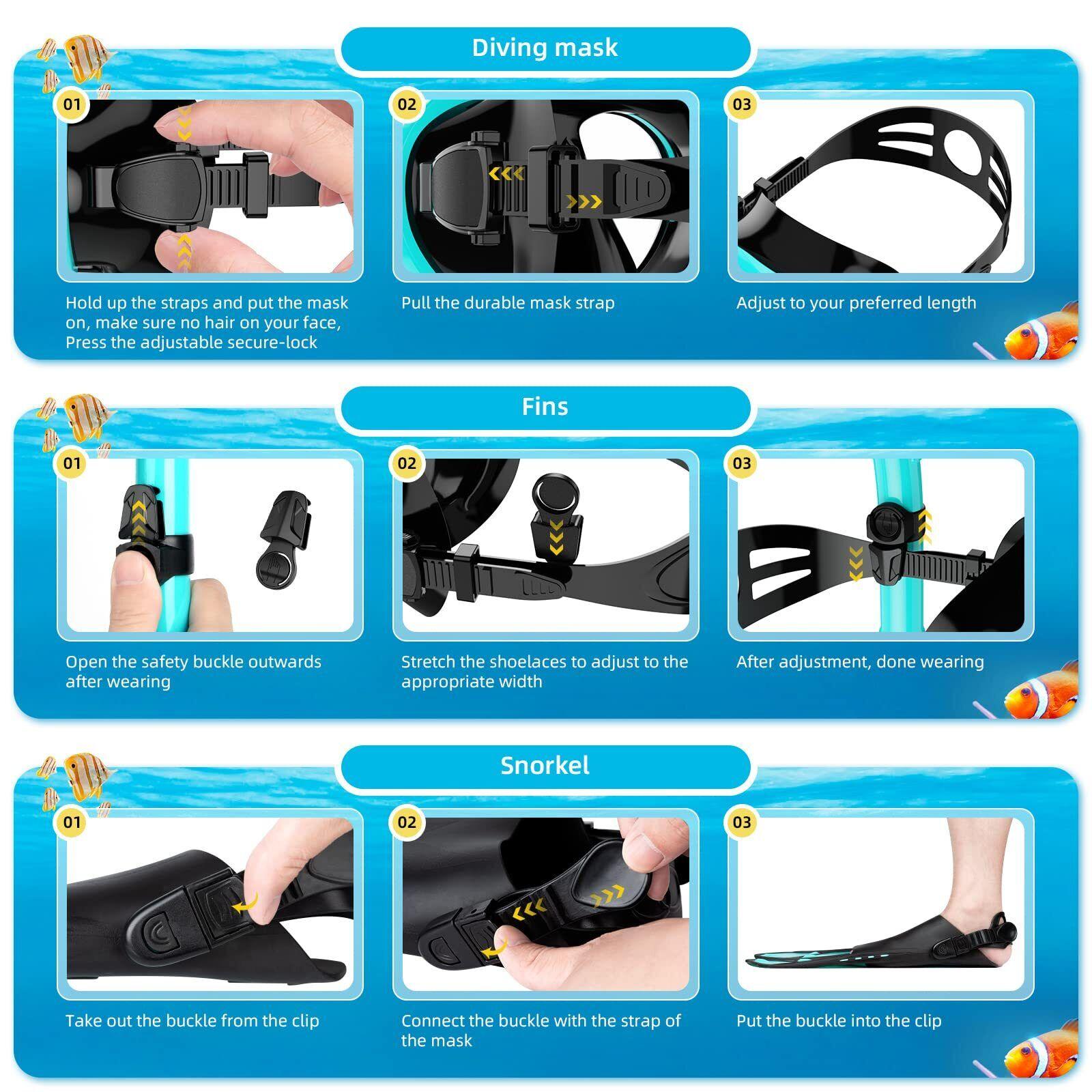 Snorkel Sets for Adults - Snorkel Mask Set for Adults Diving Swimming Equipment with Flippers Snorkelling Swimming - Tophatter Daily Deals