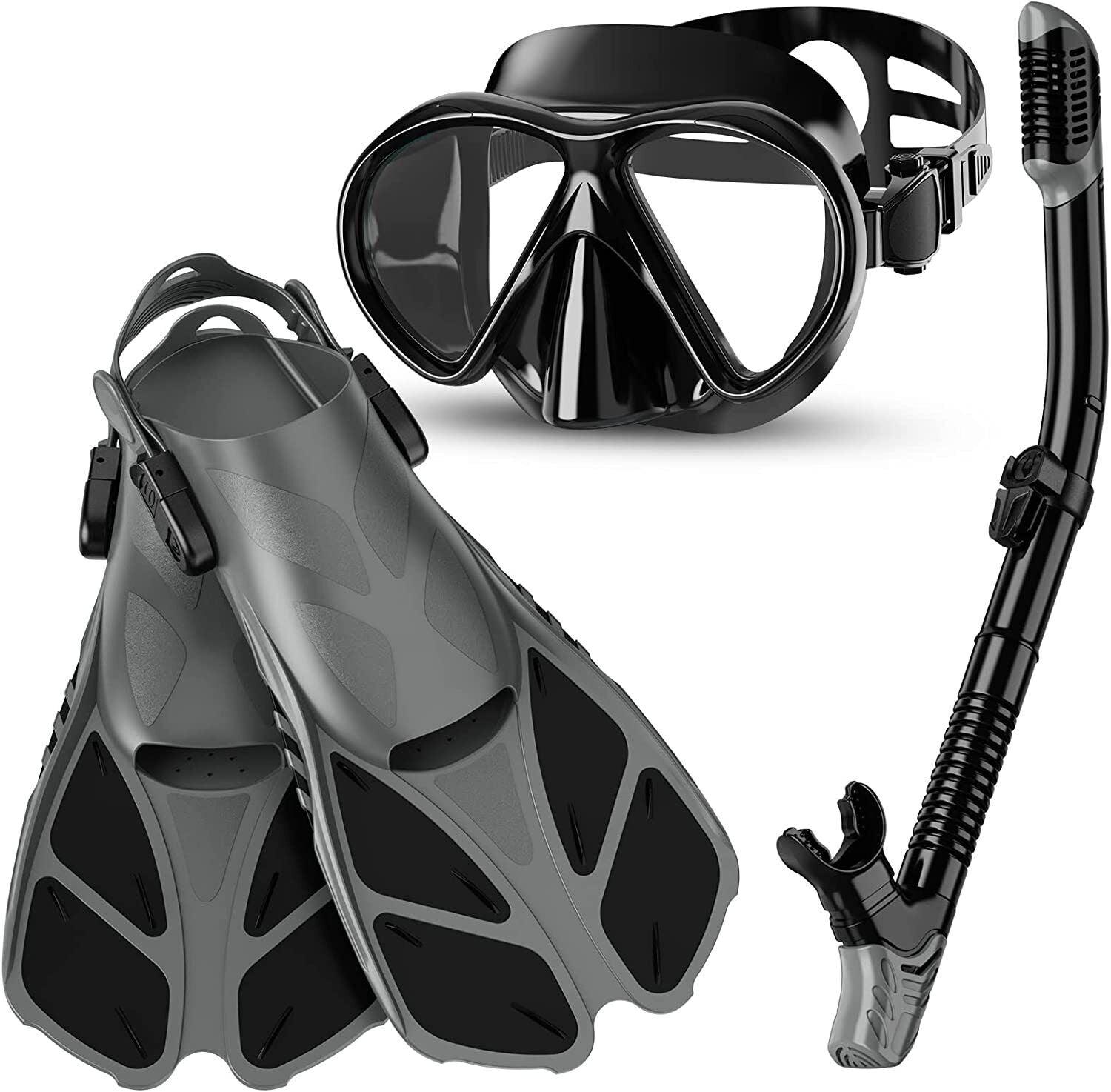 Snorkel Sets for Adults - Snorkel Mask Set for Adults Diving Swimming Equipment with Flippers Snorkelling Black Swimming - Tophatter Daily Deals
