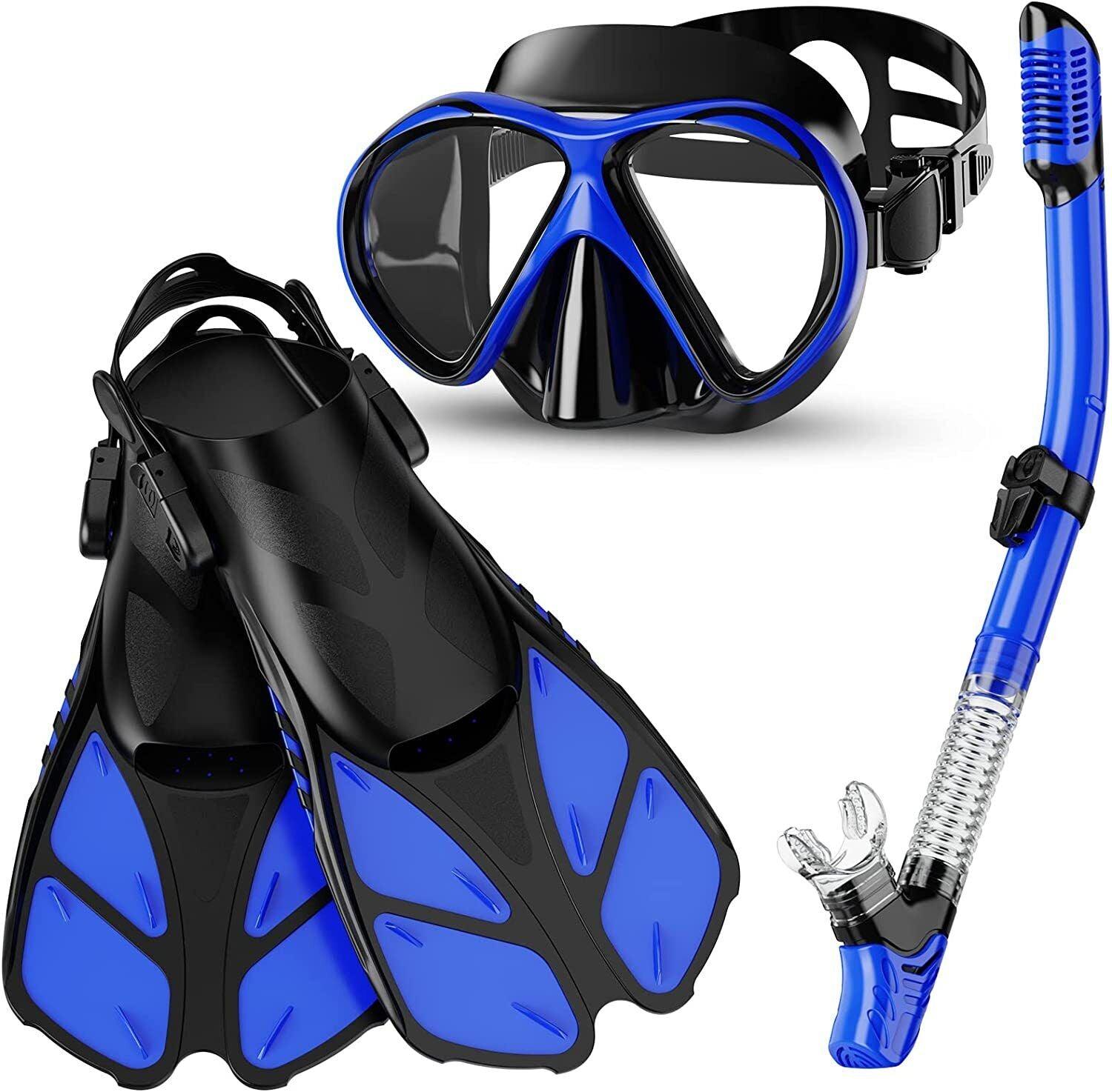 Snorkel Sets for Adults - Snorkel Mask Set for Adults Diving Swimming Equipment with Flippers Snorkelling Blue Swimming - Tophatter Daily Deals
