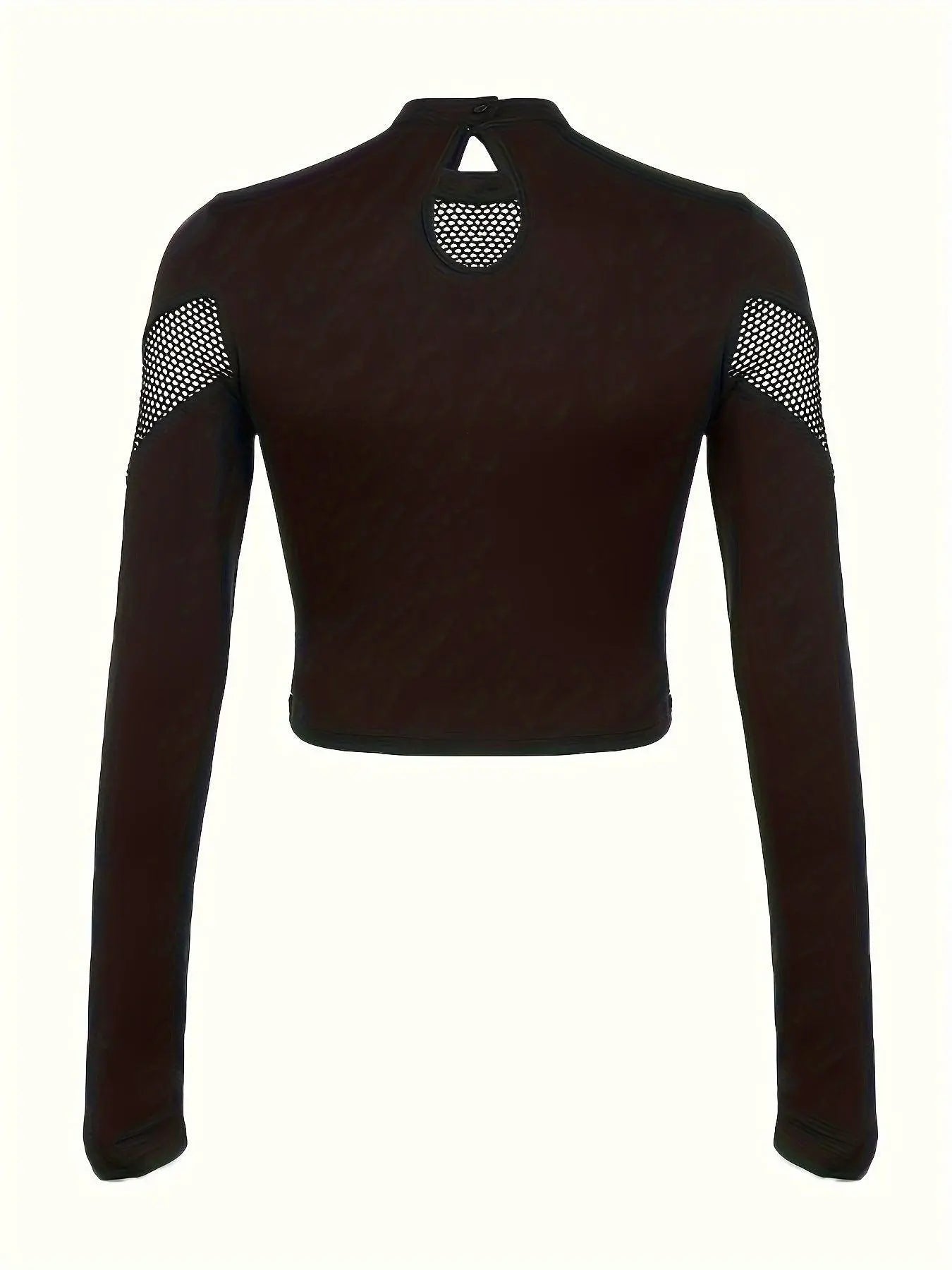 Solid Mesh Splicing Crop T-shirt, Casual Long Sleeve Mock Neck Top For Spring & Fall, Women's Clothing For Y2K/Grunge Style - Tophatter Daily Deals
