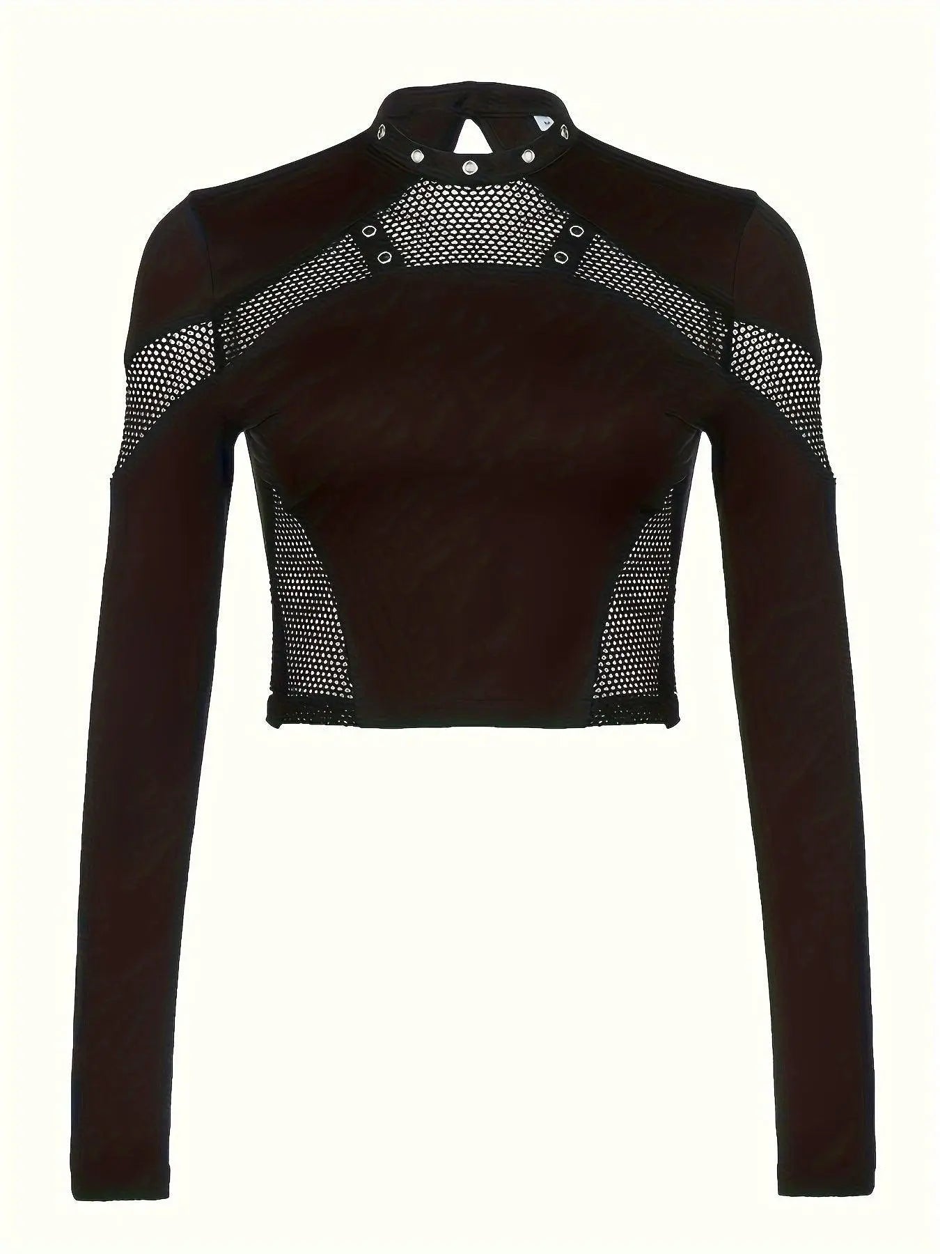 Solid Mesh Splicing Crop T-shirt, Casual Long Sleeve Mock Neck Top For Spring & Fall, Women's Clothing For Y2K/Grunge Style - Tophatter Daily Deals