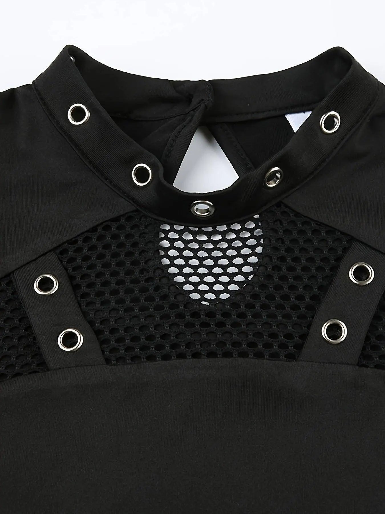 Solid Mesh Splicing Crop T-shirt, Casual Long Sleeve Mock Neck Top For Spring & Fall, Women's Clothing For Y2K/Grunge Style - Tophatter Daily Deals