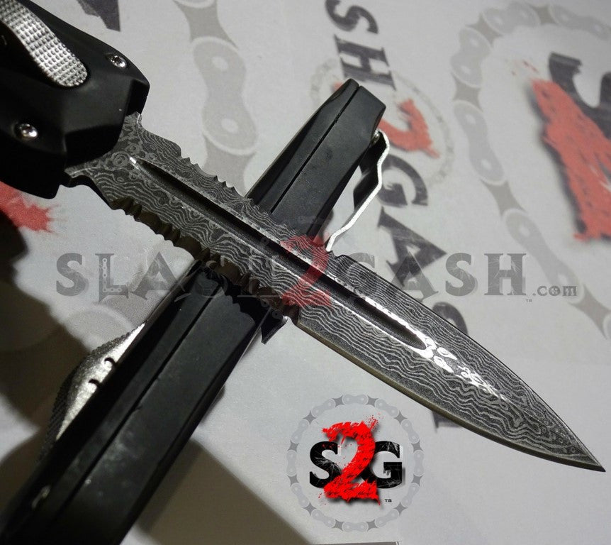 S2G Tactical Spartan D/A OTF Automatic Knife - Damascus Spear Serrated Serrated - Silver Hardware Knife-OTF - Tophatter Daily Deals