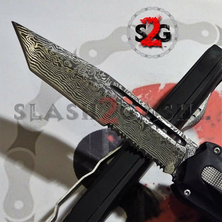 Delta Force Spartan D/A OTF Automatic Knife S2G - Damascus Tanto Plain Tanto Serrated Knife-OTF - Tophatter Daily Deals
