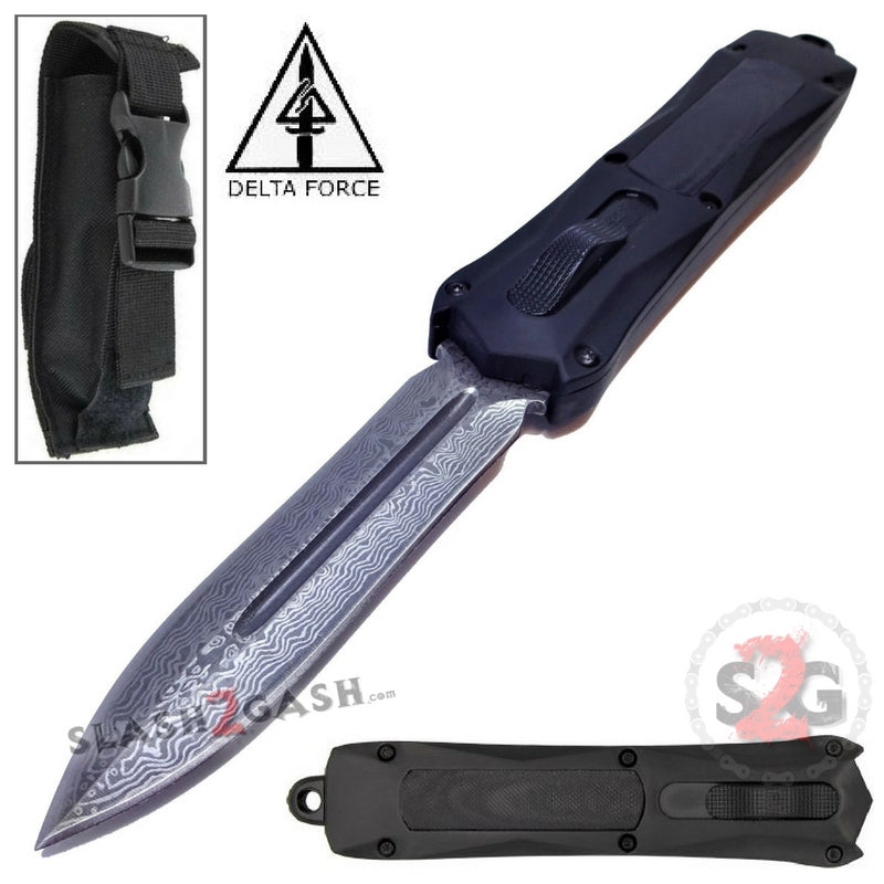 S2G Tactical Spartan D/A OTF Automatic Knife - Damascus Spear Serrated Plain Edge - Black Hardware Knife-OTF - Tophatter Daily Deals