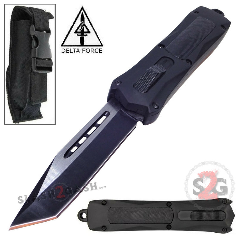 Delta Force Spartan OTF Knife D/A Switchblade - Tanto Warrior Serrated Tanto Plain Edge - Black Hardware Knife-OTF - Tophatter Daily Deals