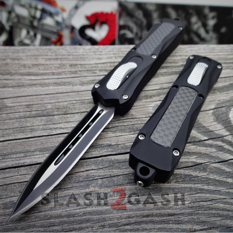 Spartan OTF Knife D/A Automatic 7" Small w/ Carbon Fiber - 4 Blades Gladius Spear - Silver Hardware Knife-OTF - Tophatter Daily Deals