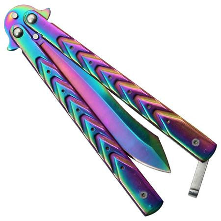 Spay Point Titanium Butterfly Knife Rainbow Balisong w/ Belt Sheath Knife-Balisong - Tophatter Daily Deals