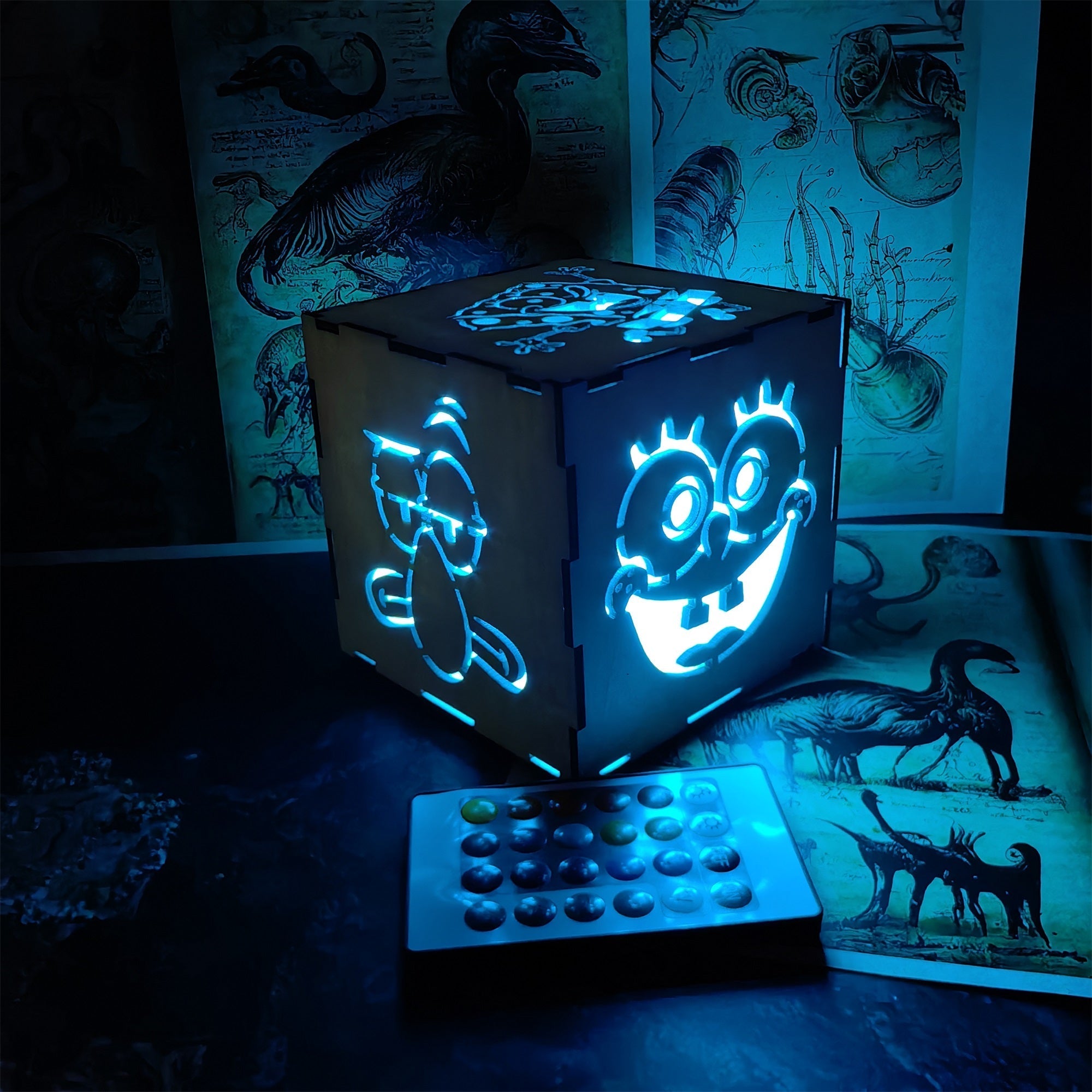 Handmade SpongeBob Wooden Lantern Night Light Wooden Cube Light - Tophatter Daily Deals