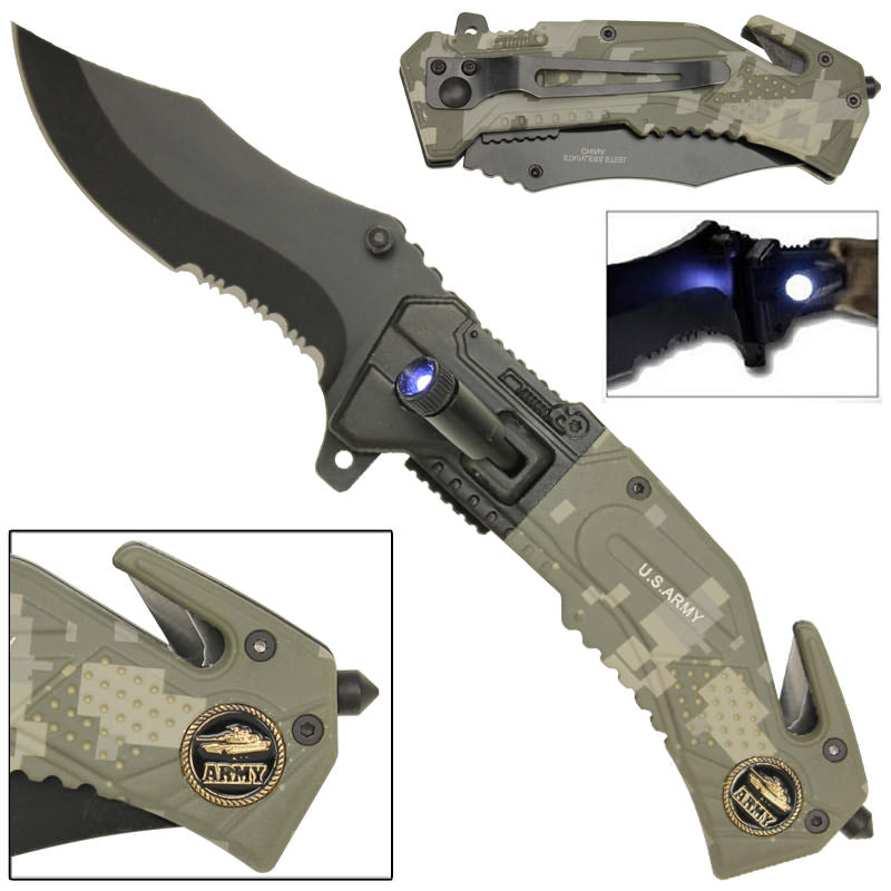 US Army Spring Assist LED Tactical Rescue Assisted Opening Knife - TOPHATTER'S ARMORY DEALS Collectible Weapons - Tophatter Daily Deals