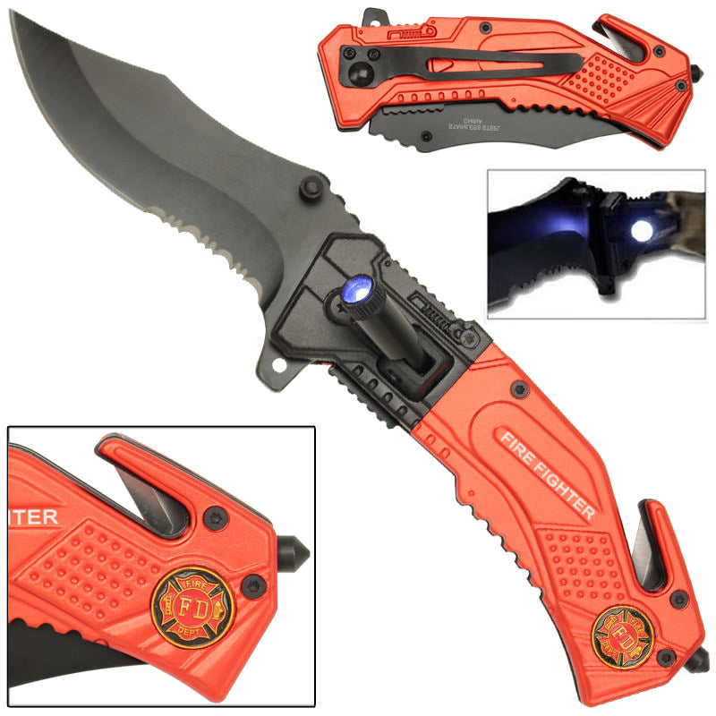 Spring Assist LED Tactical Fire Fighter Rescue Assisted Knife - TOPHATTER'S ARMORY DEALS Collectible Weapons - Tophatter Daily Deals