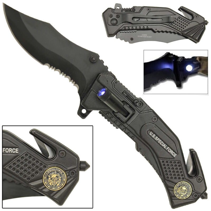Spring Assist LED Special Force Tactical Rescue Assisted Opening Knife Collectible Weapons - Tophatter Daily Deals