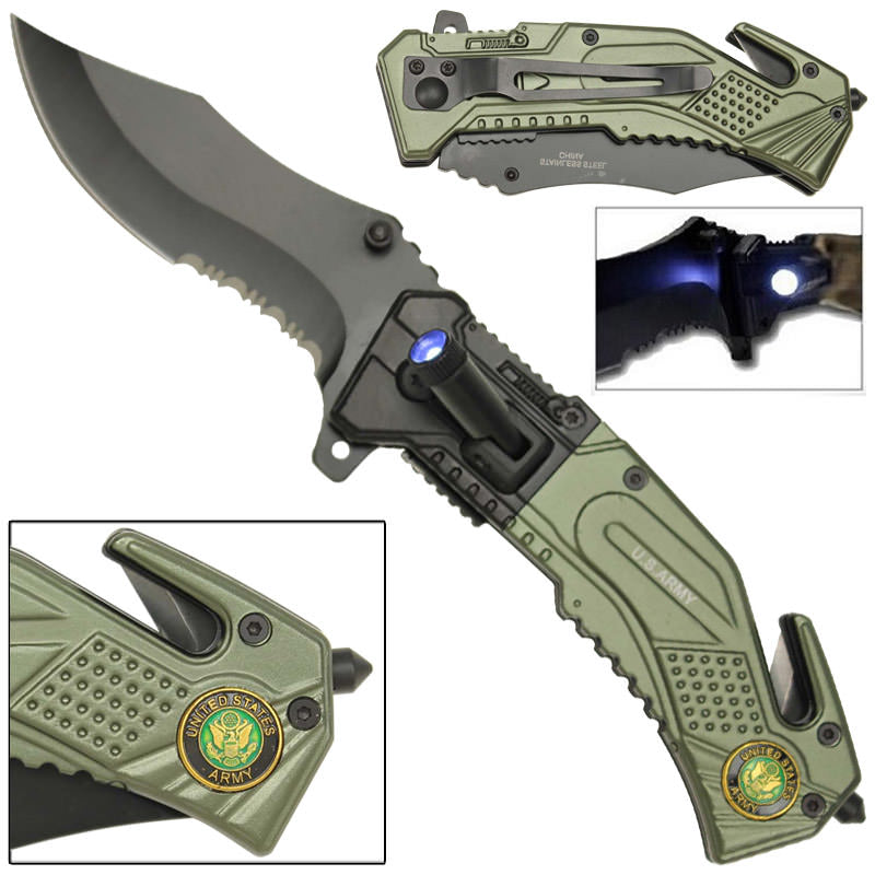 Spring Assist LED Tactical US Army Rescue Assisted Opening Knife - TOPHATTER'S ARMORY DEALS Collectible Weapons - Tophatter Daily Deals