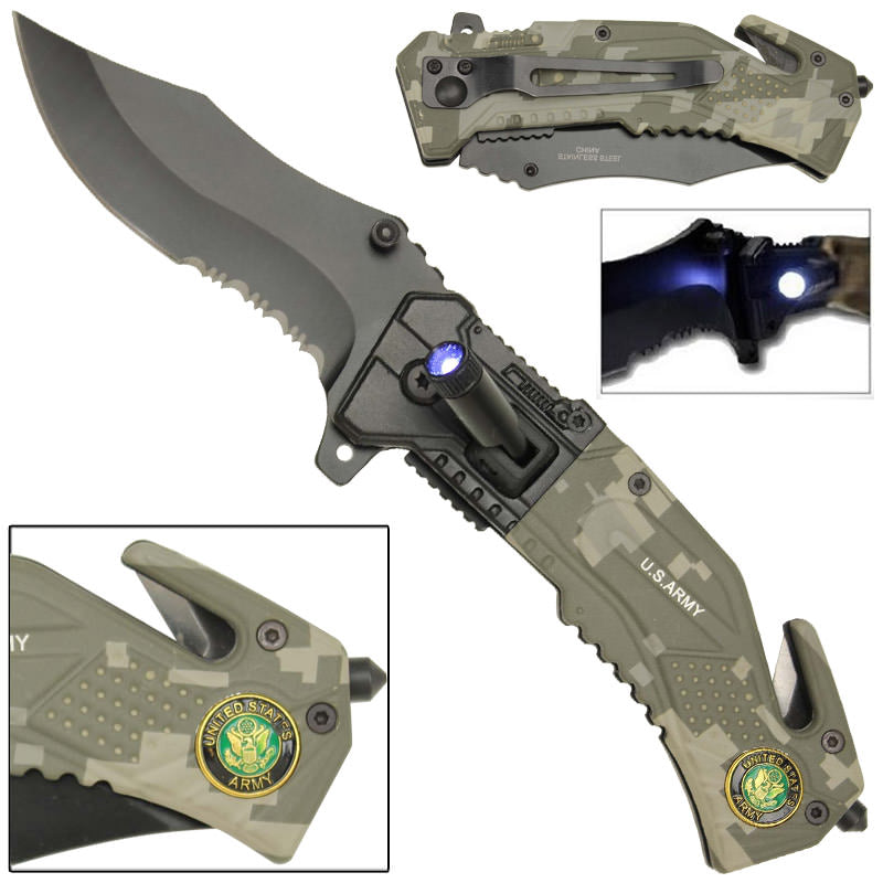 Spring Assist LED Tactical Rescue Assisted Pocket Knife US Army Camo - TOPHATTER'S ARMORY DEALS Collectible Weapons - Tophatter Daily Deals
