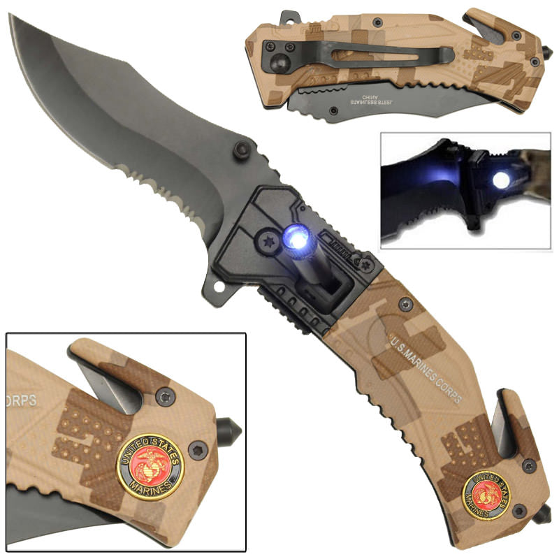 Spring Assist LED Tactical US Marines Rescue Assisted Pocket Knife Collectible Weapons - Tophatter Daily Deals
