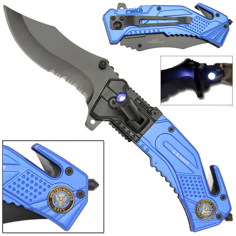 Spring Assist LED Tactical US Navy Rescue Assisted Opening Knife Collectible Weapons - Tophatter Daily Deals