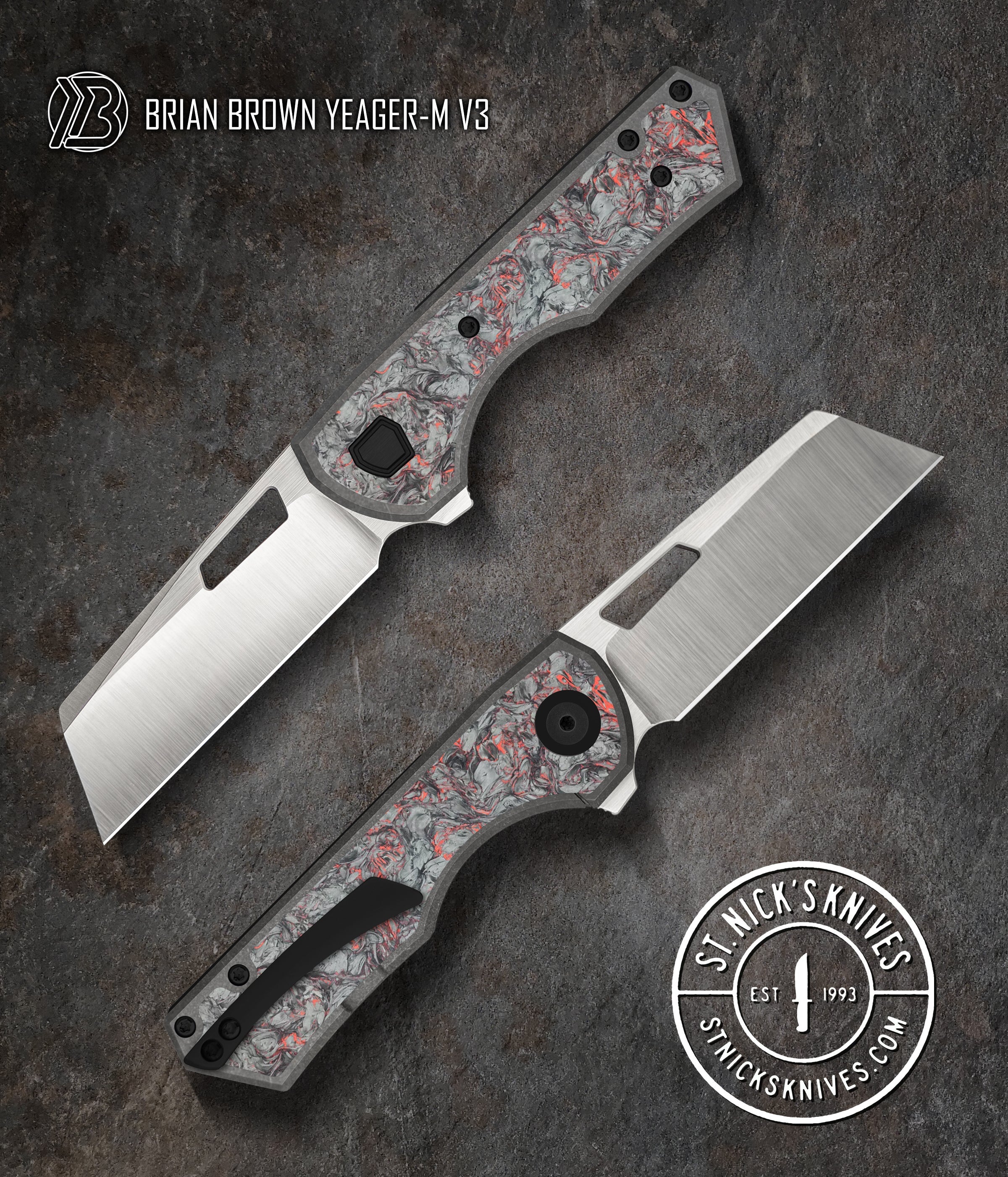 Brian Brown Knives Yeager V3 - St. Nick's Knives Exclusive - M390 Steel - Fat Carbon Red Dark Matter Front Scale - Titanium Handle Knives - Tophatter Daily Deals