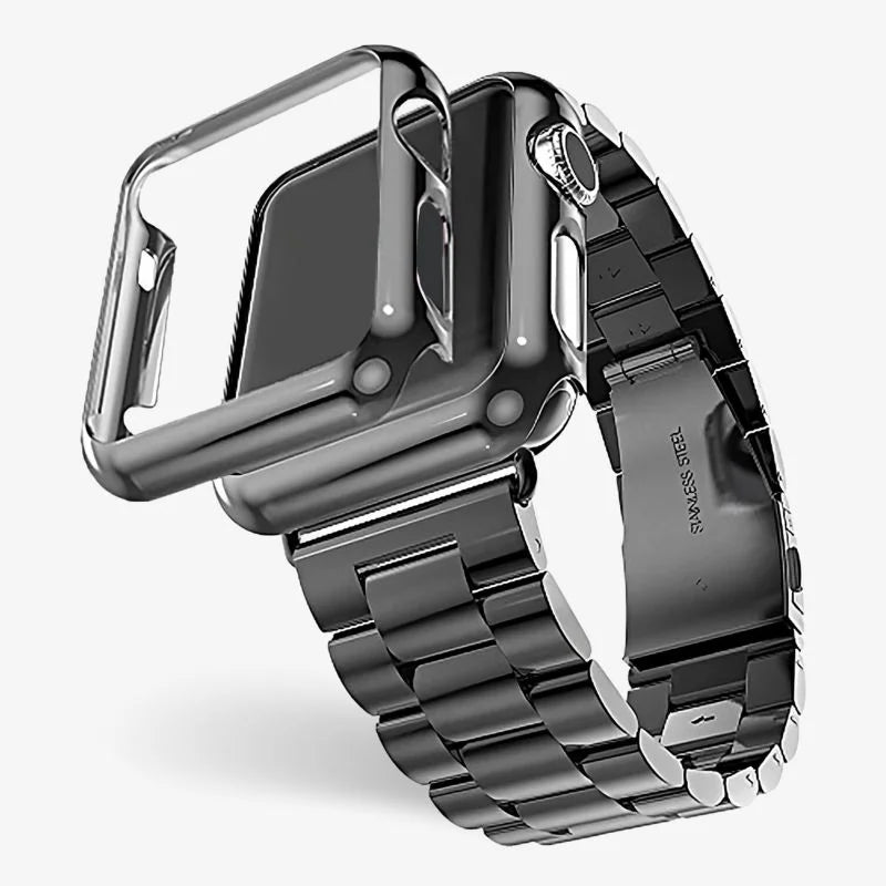 Stainless Steel Watch Band With Protective Case Secure Fit Black - Tophatter Daily Deals