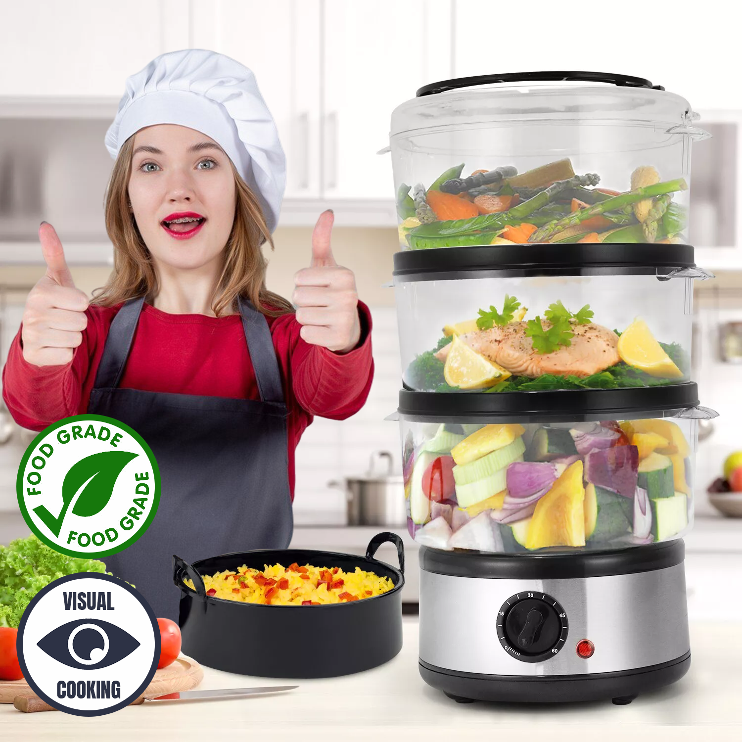 Electric Steam Cookers – 7.5-12L Multi-Tier Steamer for Healthy Cooking of Veggies, Rice & Eggs Cookware - Tophatter Daily Deals