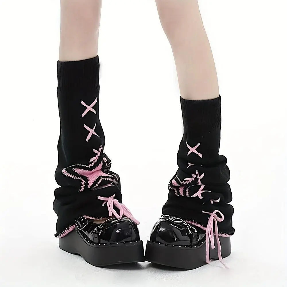 Star Pattern Lace Up Leg Warmers, Y2K Harajuku Style Flared Knee High Socks, Women's Stockings & Hosiery One-size Black - Tophatter Daily Deals