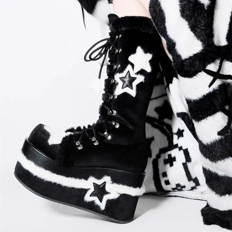 Star Suede Leather Thick Sole Platform Chunky Heels Women Boots Round Toe Patchwork Zipper Popular Y2K Punk Retro Female Shoes - Tophatter Daily Deals