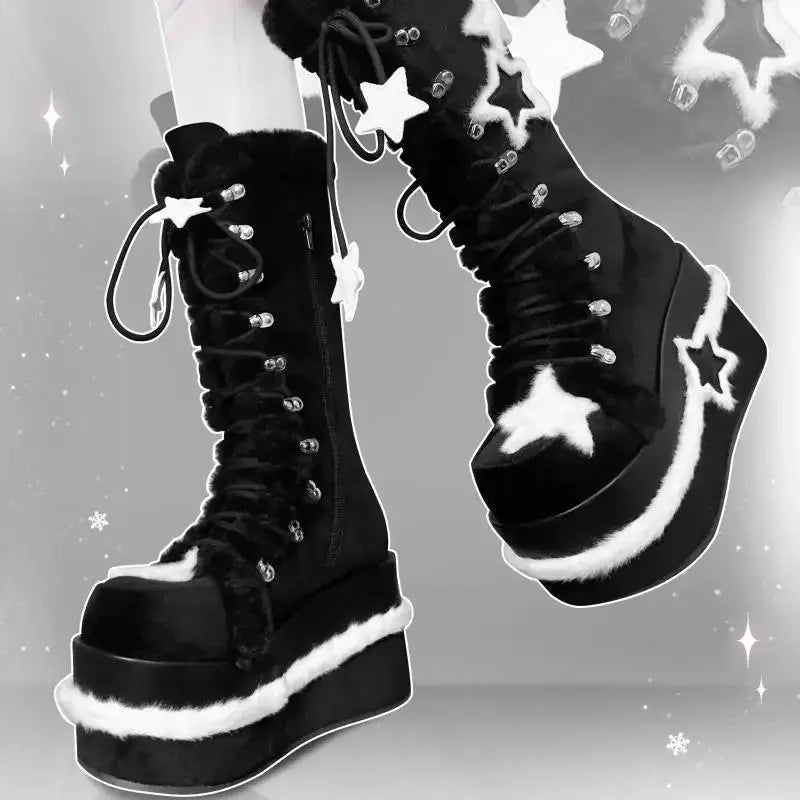 Star Suede Leather Thick Sole Platform Chunky Heels Women Boots Round Toe Patchwork Zipper Popular Y2K Punk Retro Female Shoes - Tophatter Daily Deals