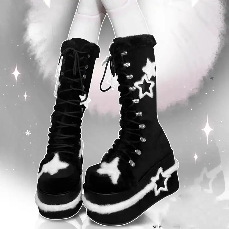Star Suede Leather Thick Sole Platform Chunky Heels Women Boots Round Toe Patchwork Zipper Popular Y2K Punk Retro Female Shoes - Tophatter Daily Deals