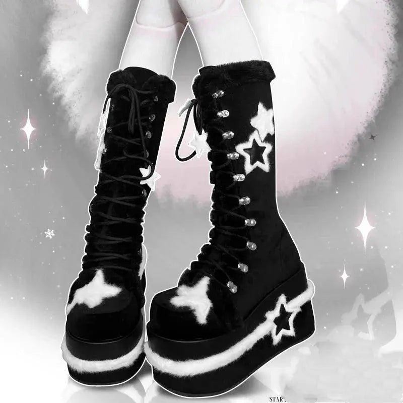 Star Suede Leather Thick Sole Platform Chunky Heels Women Boots Round Toe Patchwork Zipper Popular Y2K Punk Retro Female Shoes - Tophatter Daily Deals