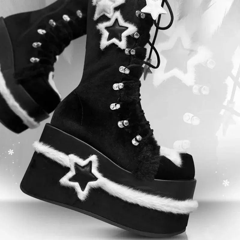 Star Suede Leather Thick Sole Platform Chunky Heels Women Boots Round Toe Patchwork Zipper Popular Y2K Punk Retro Female Shoes - Tophatter Daily Deals