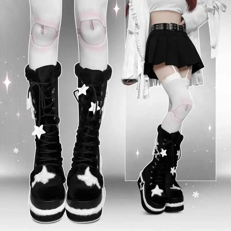 Star Suede Leather Thick Sole Platform Chunky Heels Women Boots Round Toe Patchwork Zipper Popular Y2K Punk Retro Female Shoes - Tophatter Daily Deals