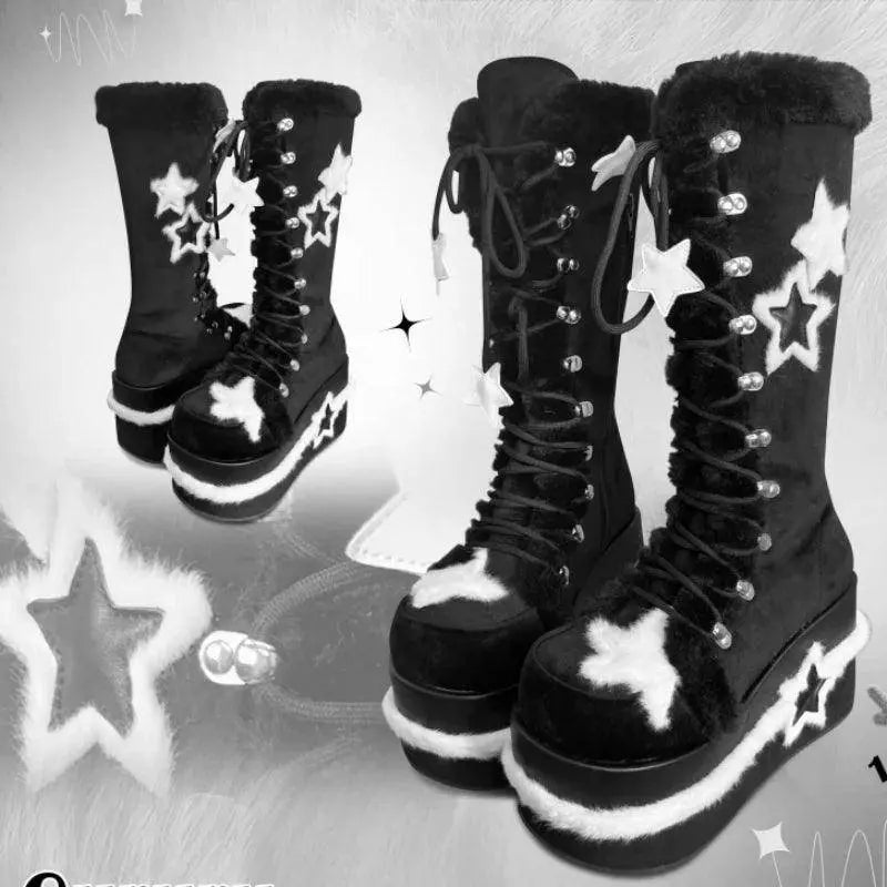 Star Suede Leather Thick Sole Platform Chunky Heels Women Boots Round Toe Patchwork Zipper Popular Y2K Punk Retro Female Shoes black - Tophatter Daily Deals