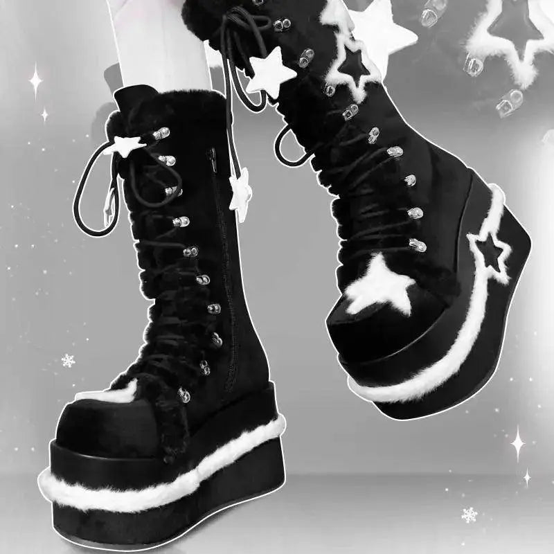 Star Suede Leather Thick Sole Platform Chunky Heels Women Boots Round Toe Patchwork Zipper Popular Y2K Punk Retro Female Shoes - Tophatter Daily Deals