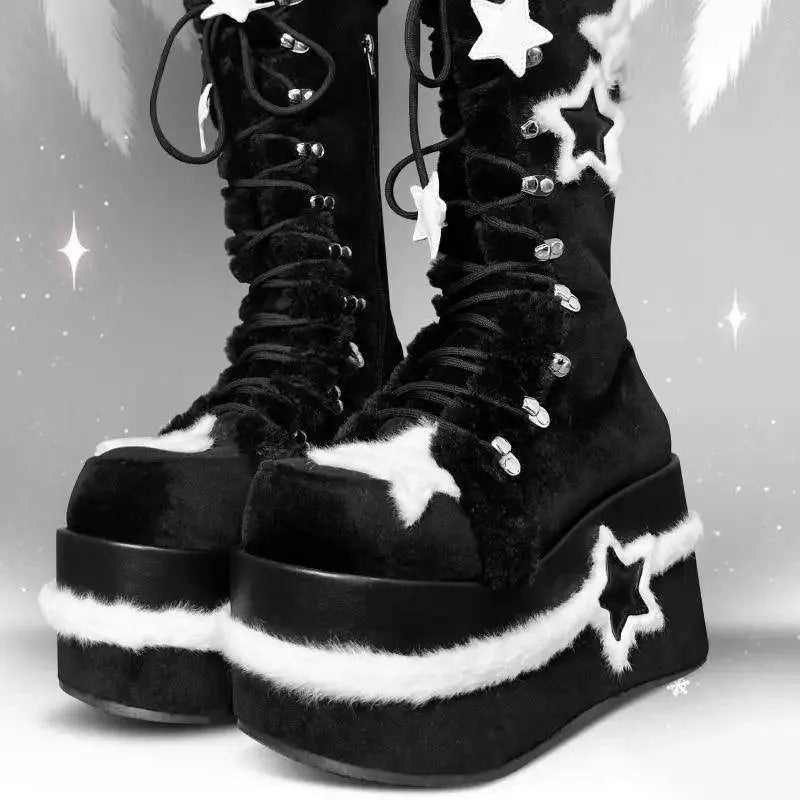 Star Suede Leather Thick Sole Platform Chunky Heels Women Boots Round Toe Patchwork Zipper Popular Y2K Punk Retro Female Shoes - Tophatter Daily Deals